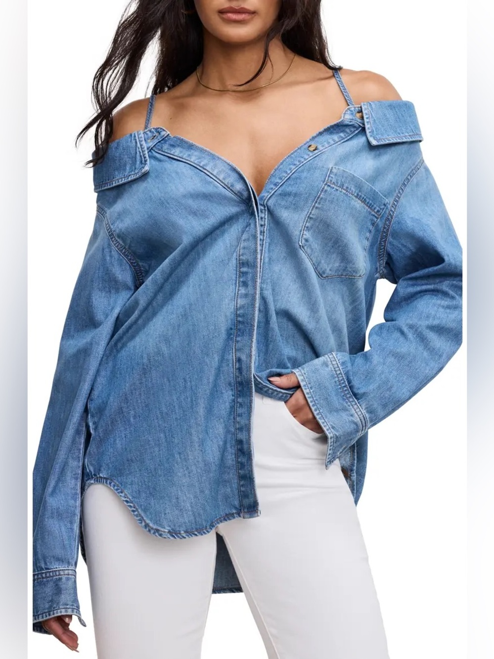 Good American Denim Off Shoulder Shirt Size S Convertible Strappy Button Down
